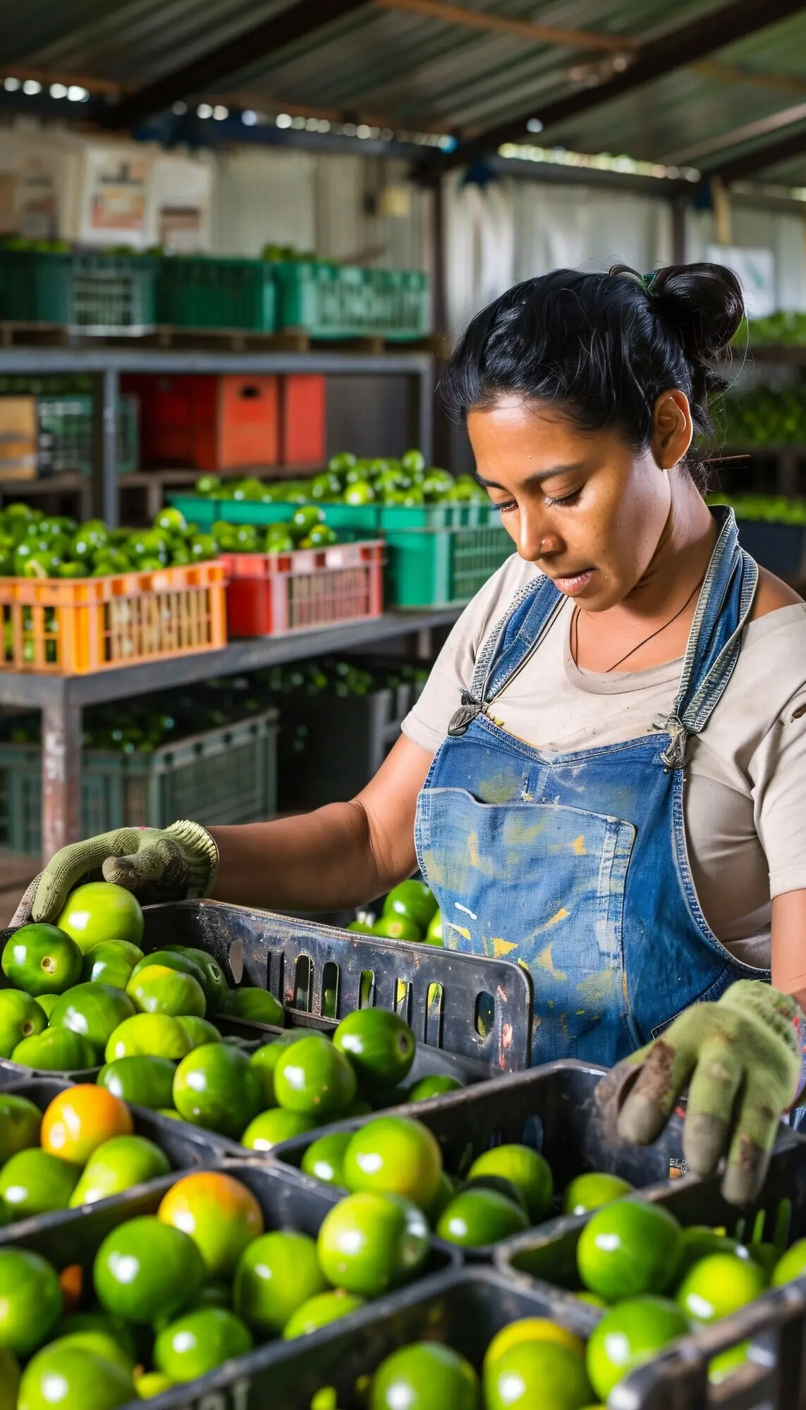 Fotorealistische Frau, die in einem biologisch-nachhaltigen Garten Erzeugnisse erntet.